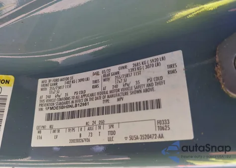 2022 Ford Bronco Big Bend z USA, uszkodzony, nr VIN 1FMDE5BH0NLB12981